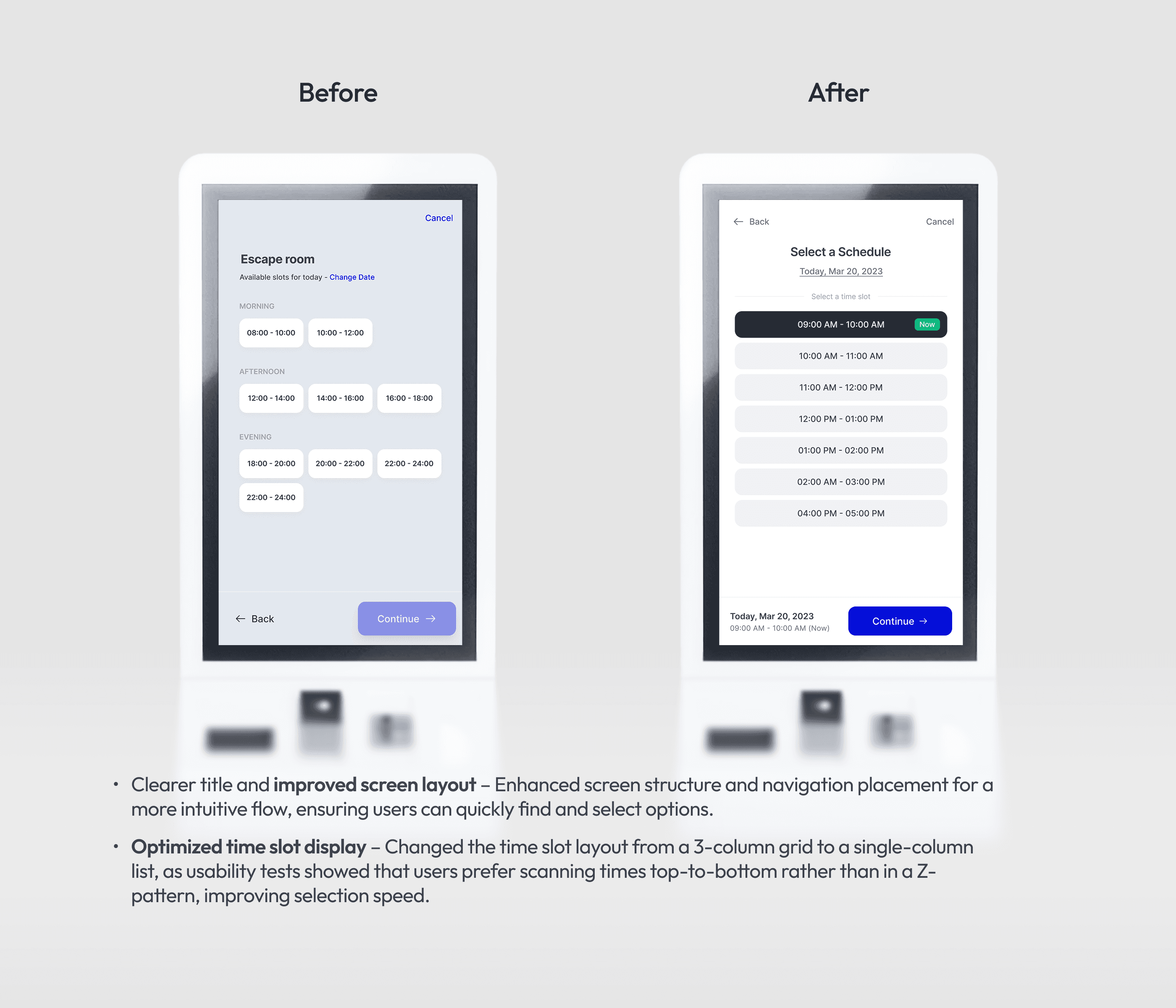 A before-and-after comparison of the kiosk's user interface, showing key enhancements made after user testing.