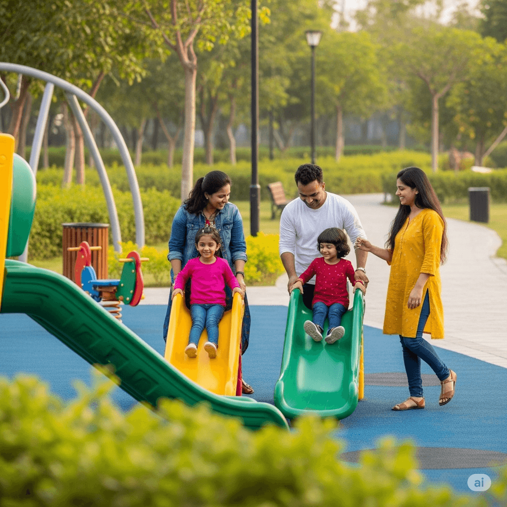 Happy family and children playing in the garden
