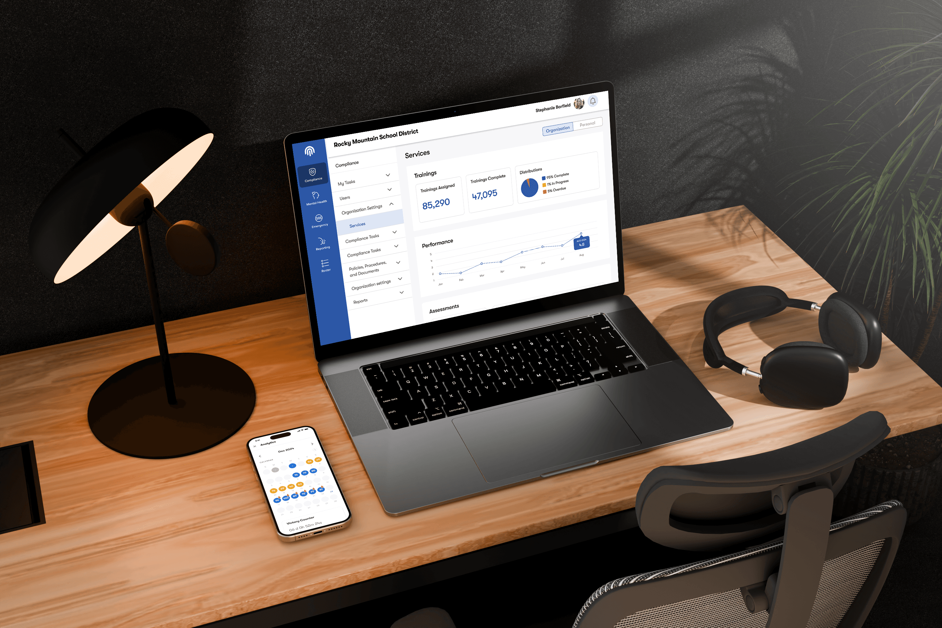 An image of a mockup of the Impact Suite software on a laptop, with an adjacent phone showing the Impact Suite app, which work hand in hand for adminstrators, teachers, and students to get the best support possible.