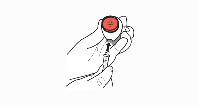 A line drawing of hands inserting a small collection tube into the bottom of a round red blood collection device.