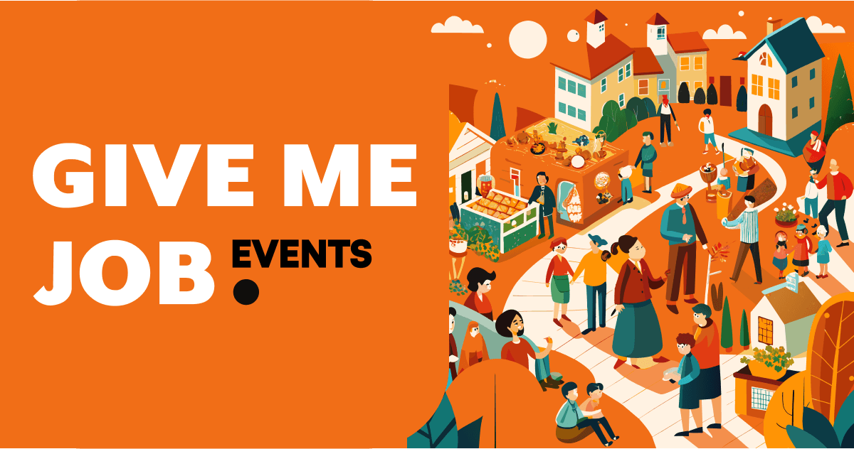 O ilustrație vibrantă și izometrică care prezintă un eveniment de târg de locuri de muncă aglomerat. Scena include diverse standuri cu copertine portocalii, fiecare fiind deservit de persoane care probabil reprezintă diferite companii sau sectoare de locuri de muncă. Un grup divers de oameni interacționează cu reprezentanții standurilor, unii în conversație, în timp ce alții răsfoiesc materialele de pe mese. Fundalul arată clădiri care seamănă cu o piață de oraș sub un cer senin, cu soarele vizibil în colțul din stânga sus. Textul îndrăzneț care domină partea superioară a imaginii spune „GIVE ME JOB EVENTS” pe un fundal portocaliu. Această imagine surprinde atmosfera organizată a unui târg de locuri de muncă, subliniind importanța unor astfel de evenimente pentru dezvoltarea carierei și oportunitățile de networking.