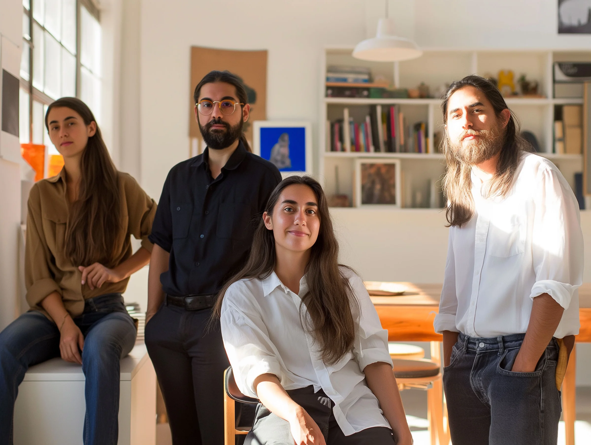 Four team members posing together in a bright studio office.