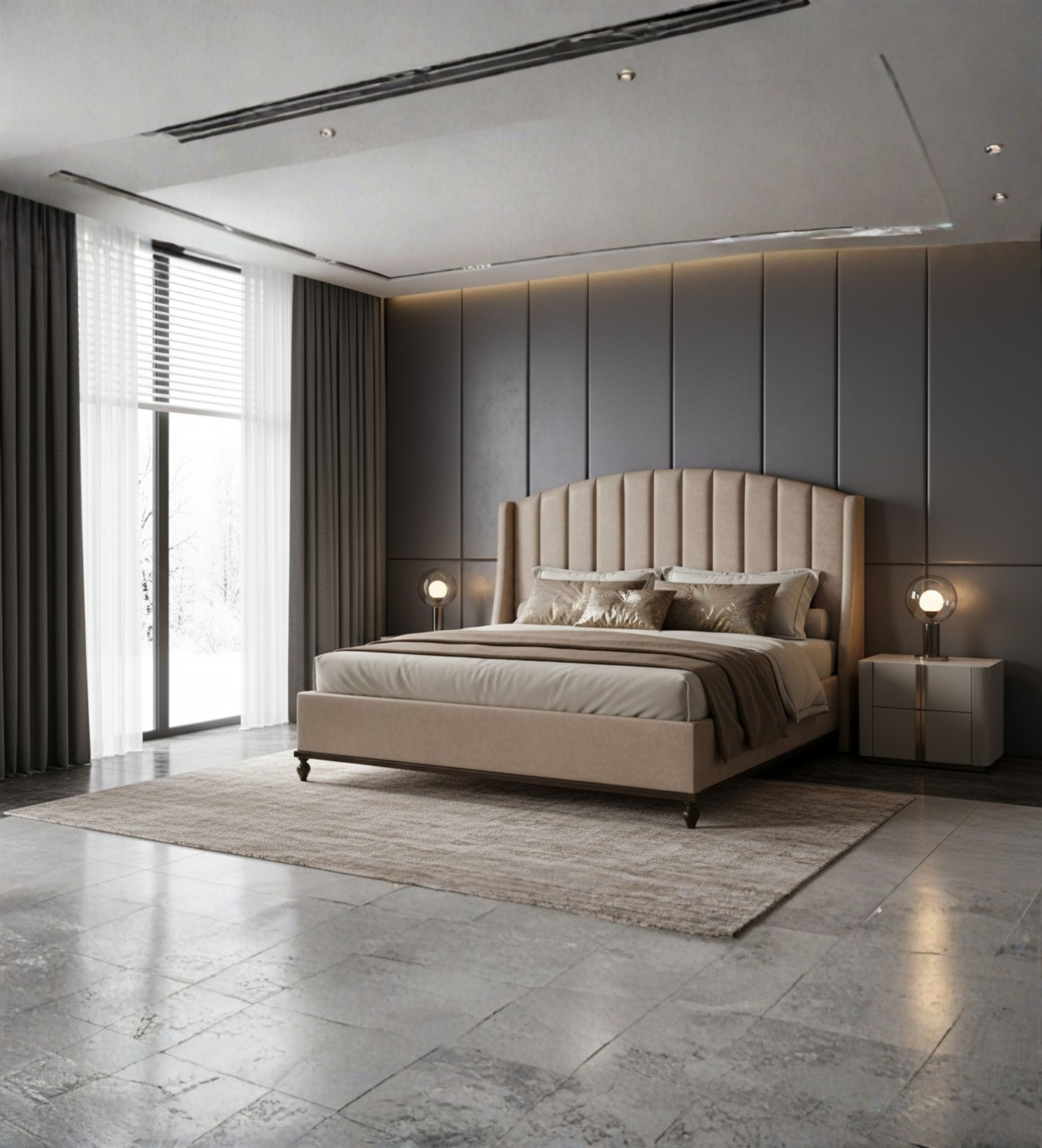 Light‑toned sectional sofa styled against a soft green feature wall