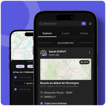 Fil d’exploration des balades moto dans l’application On Wheels avec liste des trajets disponibles