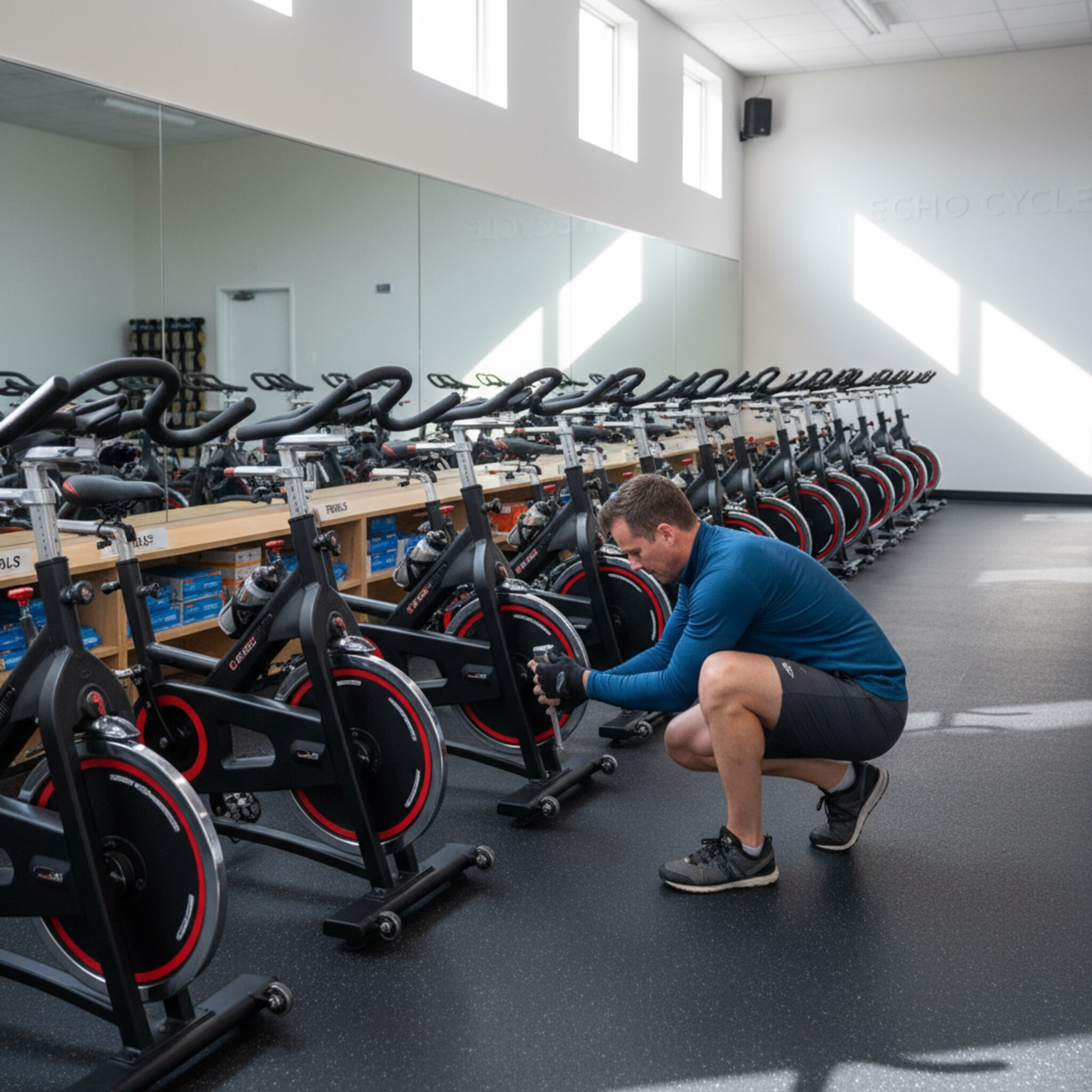 Ein Trainer richtet eine Reihe Spinning-Bikes exakt aus und prüft den Abstand zwischen den Rädern. Neben der Spiegelfront stehen sauber sortierte Ersatzpedale und Polster. Das Licht betont klare Linien und Ordnung. Die Stimmung vermittelt Präzision und reibungslose Vorbereitung.
