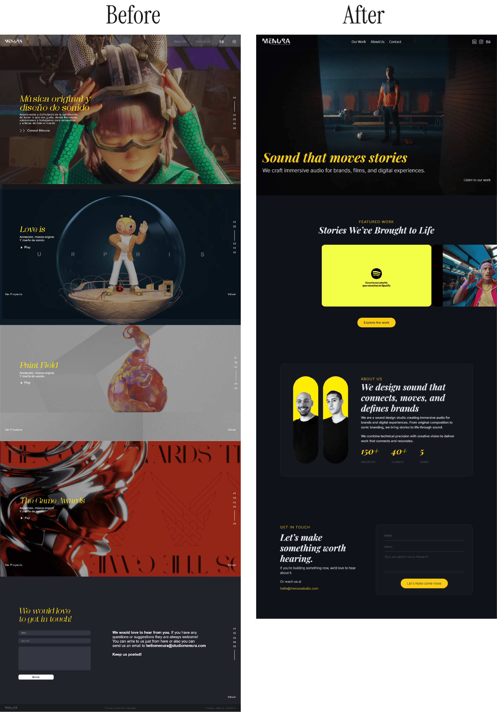 A side-by-side comparison of a website redesign for Menura, labeled "Before" and "After." The "Before" column on the left shows a multi-section landing page with a maximalist design featuring large 3D character renders, abstract metallic sculptures, and sections titled "Original Music and Sound Design," "Love is," "Paint Field," and "The Game Awards." The "After" column on the right displays a modern, minimalist dark-themed layout. It features a hero image of a person in a locker room with the headline "Sound that moves stories," followed by a "Featured Work" gallery, an "About Us" section with team photos and statistics (150+ Projects, 40+ Clients), and a sleek contact form at the bottom.