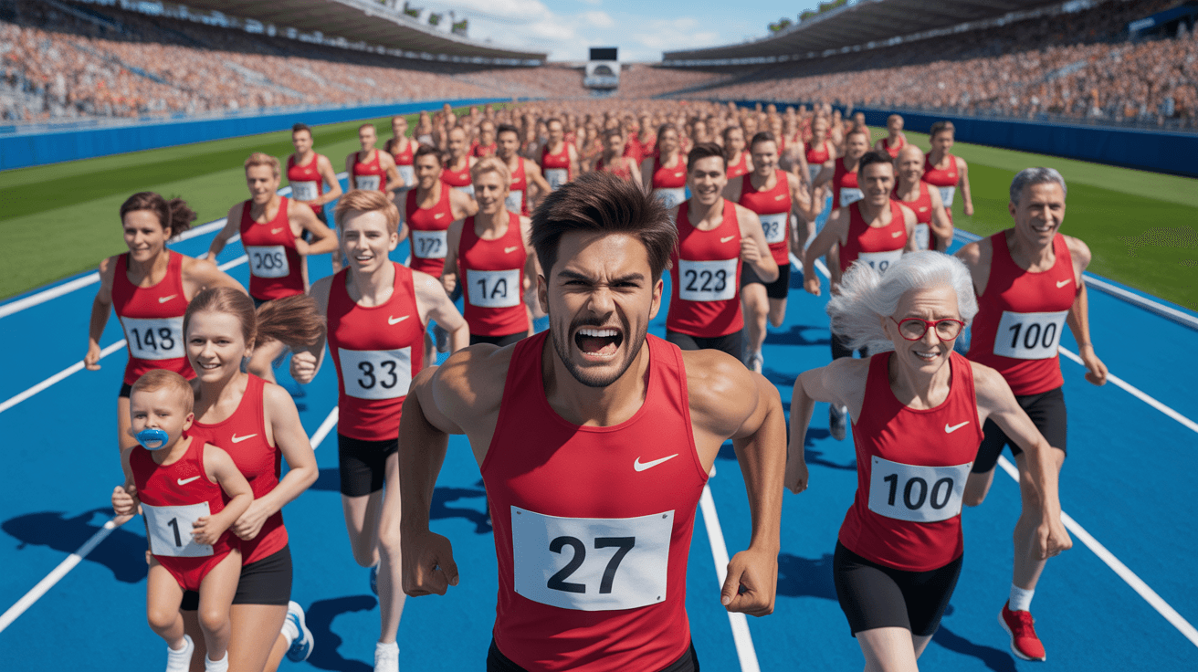 MrBeast-style competition race thumbnail with runners ages 1 to 100 charging on a blue track
