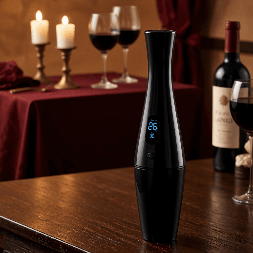 product photography of a sleek wine aerator device designed for enhancing the flavor of wine