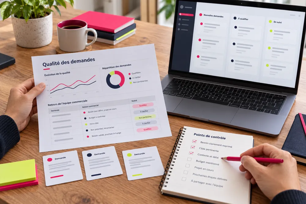 Des mains examinent un bilan de demandes et les retours commerciaux devant un tableau de suivi.