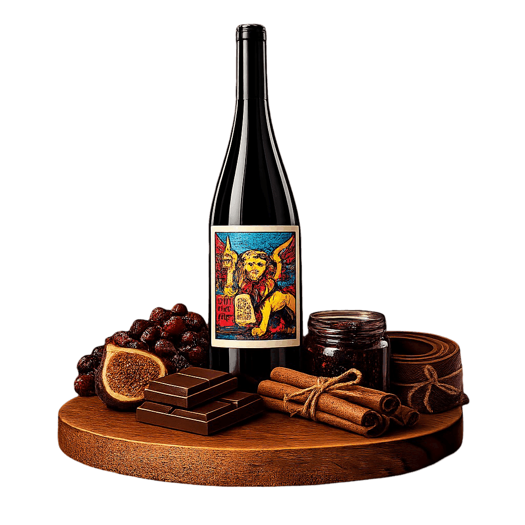 Artistic label and flavor profile for Veneto Amarone on a rustic wooden table.