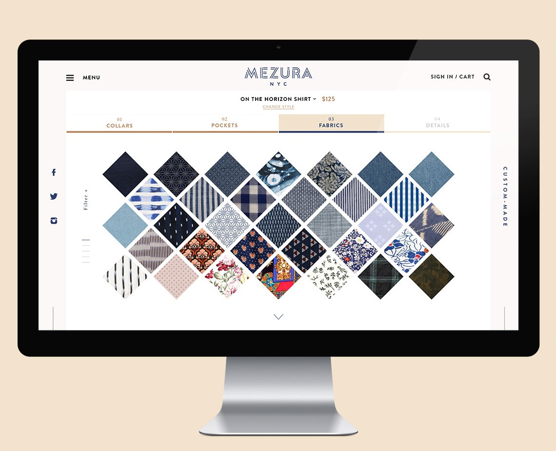 A tablet computer displays the Mezura NZ YC website. The screen shows a grid of patterned fabric squares arranged in diamond shapes, with text labels including "01 COLLARS," "02 POCKETS," "03 FABRICS," and "04 DETAILS." Navigation links include "MENU," "SIGN IN / CART," and "CUSTOM MADE." The background is light beige, and the tablet is mounted on a silver stand.