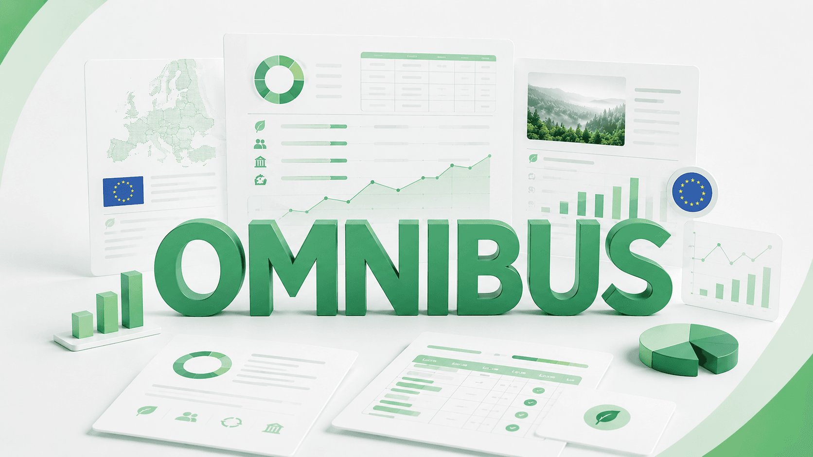 Image de couverture pour un article sur le paquet Omnibus de l'UE, montrant le grand lettrage vert « Omnibus » avec des tableaux de bord de rapport ESG, des graphiques de durabilité, des documents réglementaires et des symboles de l'Union européenne en arrière-plan.