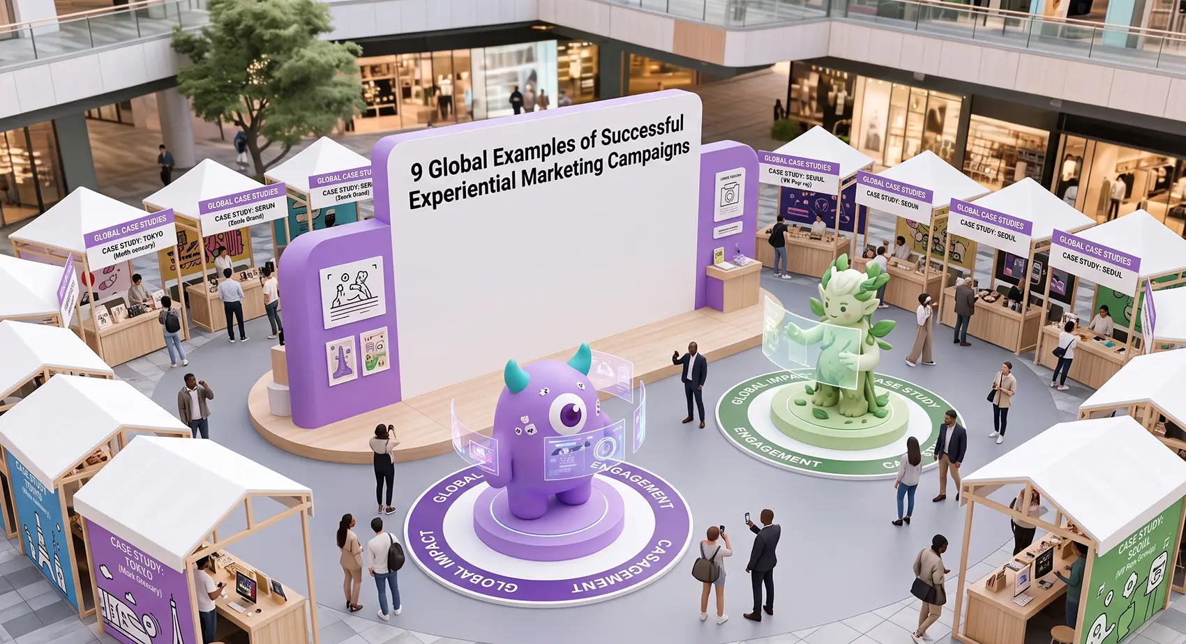 Experiential marketing exhibition in mall atrium with stage displaying 9 Global Examples of Successful Campaigns and interactive mascots