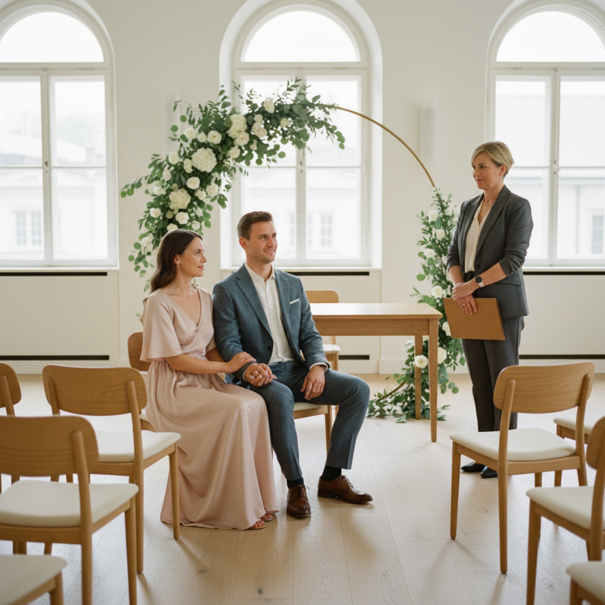 In einem hellen Trausaal sitzt ein Paar nebeneinander, die Hände ruhig ineinander gelegt. Weiches Tageslicht fällt durch hohe Fenster auf einen schlichten Blumenbogen und sorgfältig gestellte Stuhlreihen. Eine Standesbeamtin wartet einen Schritt entfernt, die Mappe dezent geschlossen. Der Raum wirkt geordnet, ruhig und feierlich.