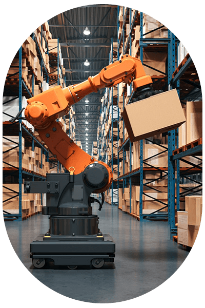 Robot arm reslocating boxes in warehouse