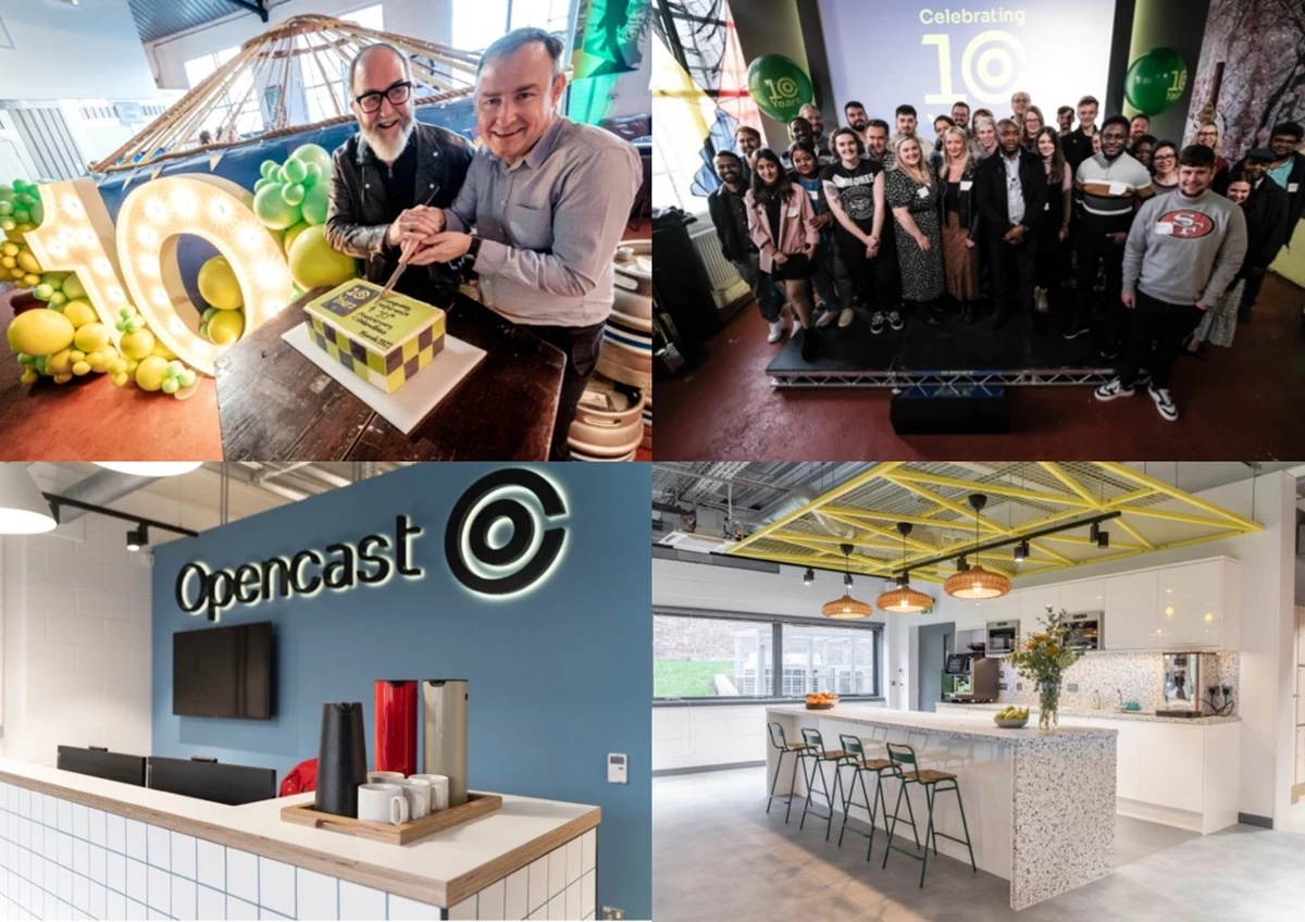 A collage of four images showing a company’s 10th‑anniversary celebrations, including a cake being cut, a group gathered on a small stage, a modern office reception with the Opencast logo, and a bright kitchen-style workspace with bar seating.