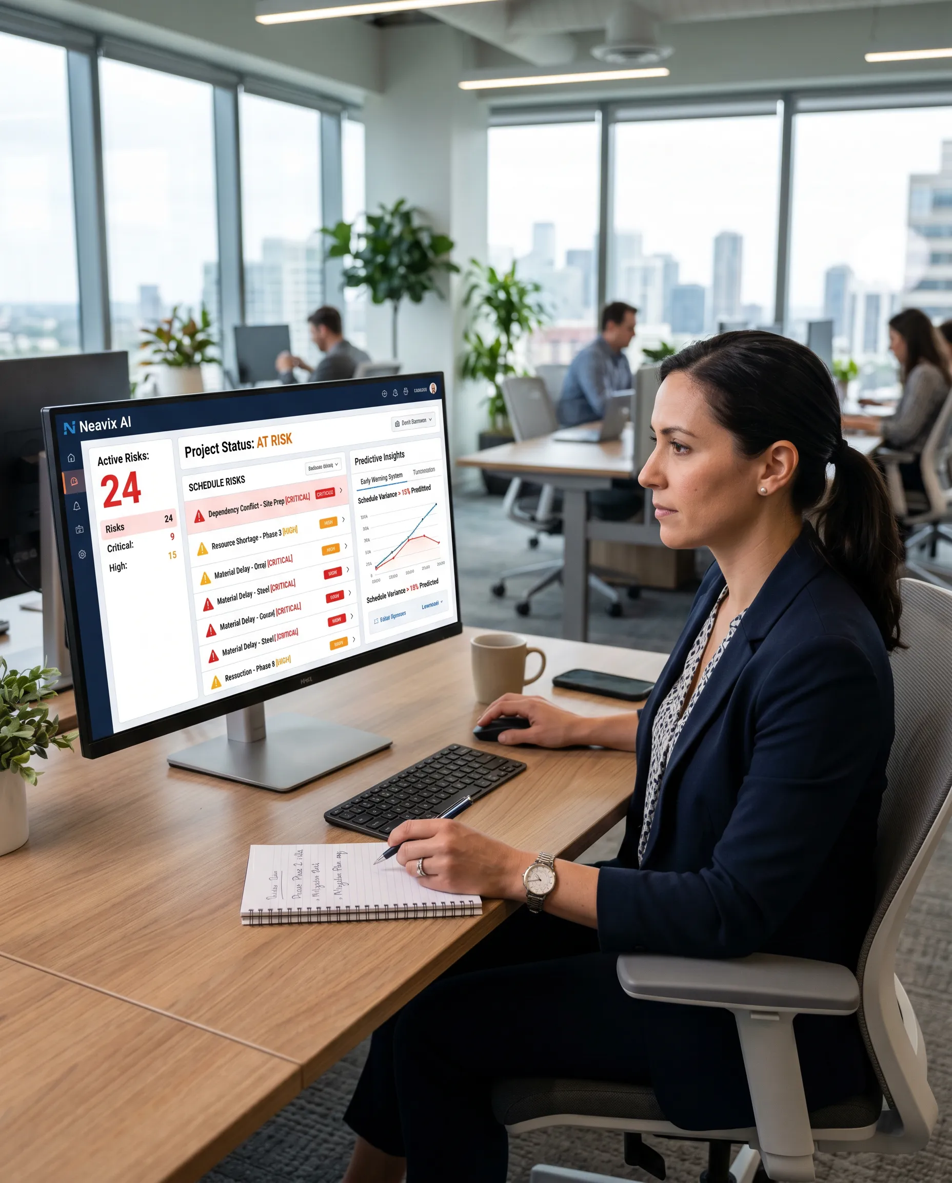 A woman works on a laptop displaying a global solar operations dashboard, seated at a desk in a bright office with solar panels visible outside the window.