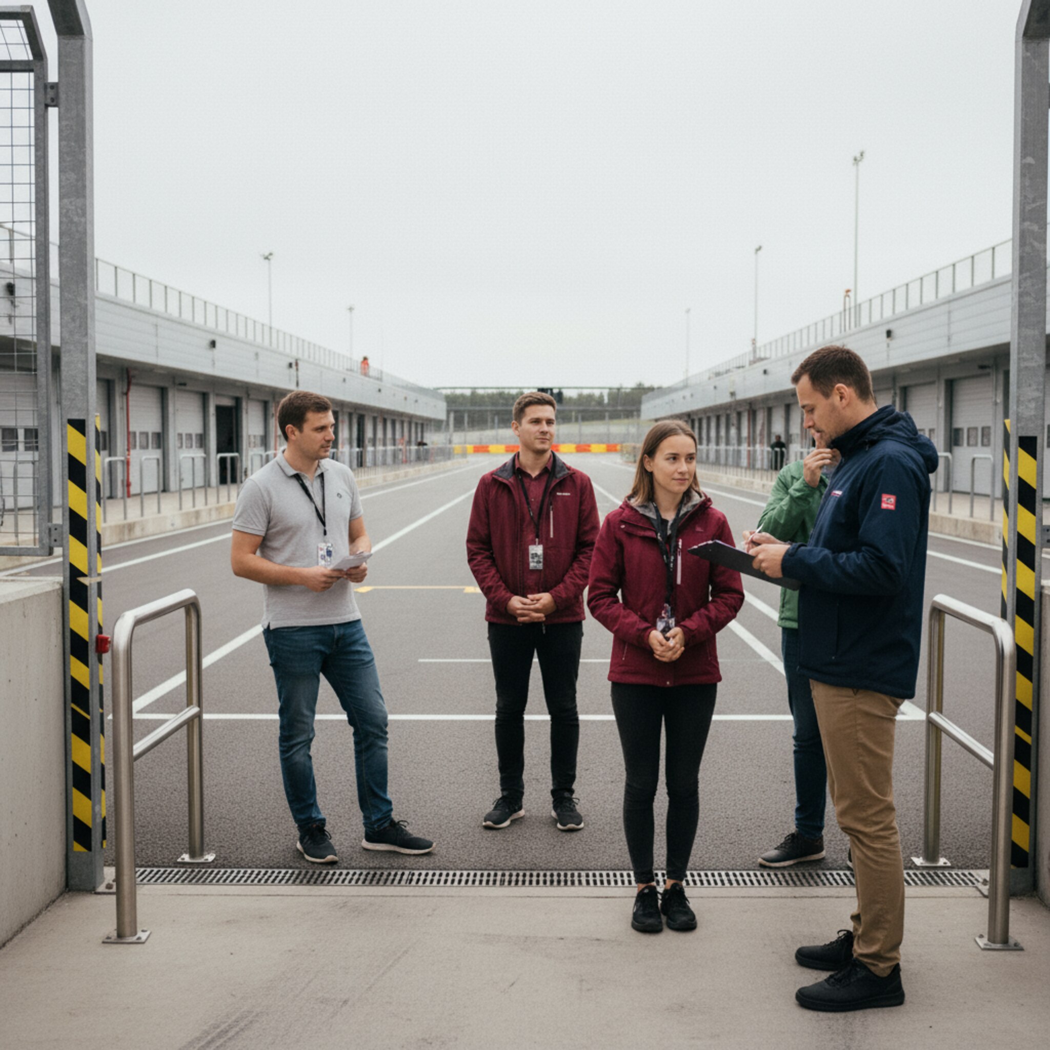 Am Zugangstor prüft ein Mitarbeiter Lizenzen und bestätigt Namen auf einem Klemmbrett, während eine kleine Gruppe geduldig wartet. Hinter ihnen öffnet sich der Blick auf die leere Boxengasse. Die Situation wirkt ruhig, kontrolliert und fokussiert auf Sicherheit.
