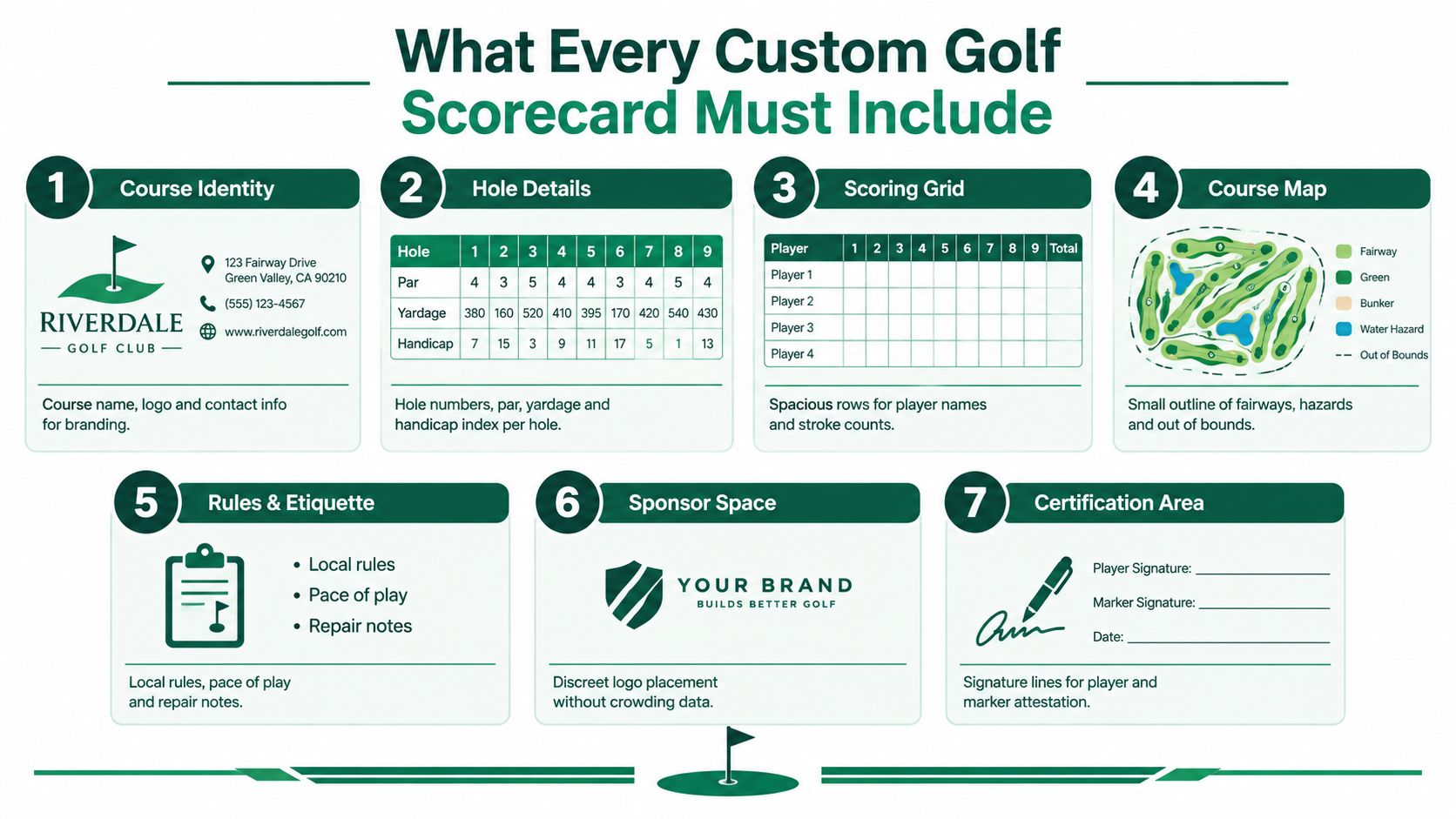 An infographic titled What Every Custom Golf Scorecard Must Include, detailing seven essential elements for scorecard design.