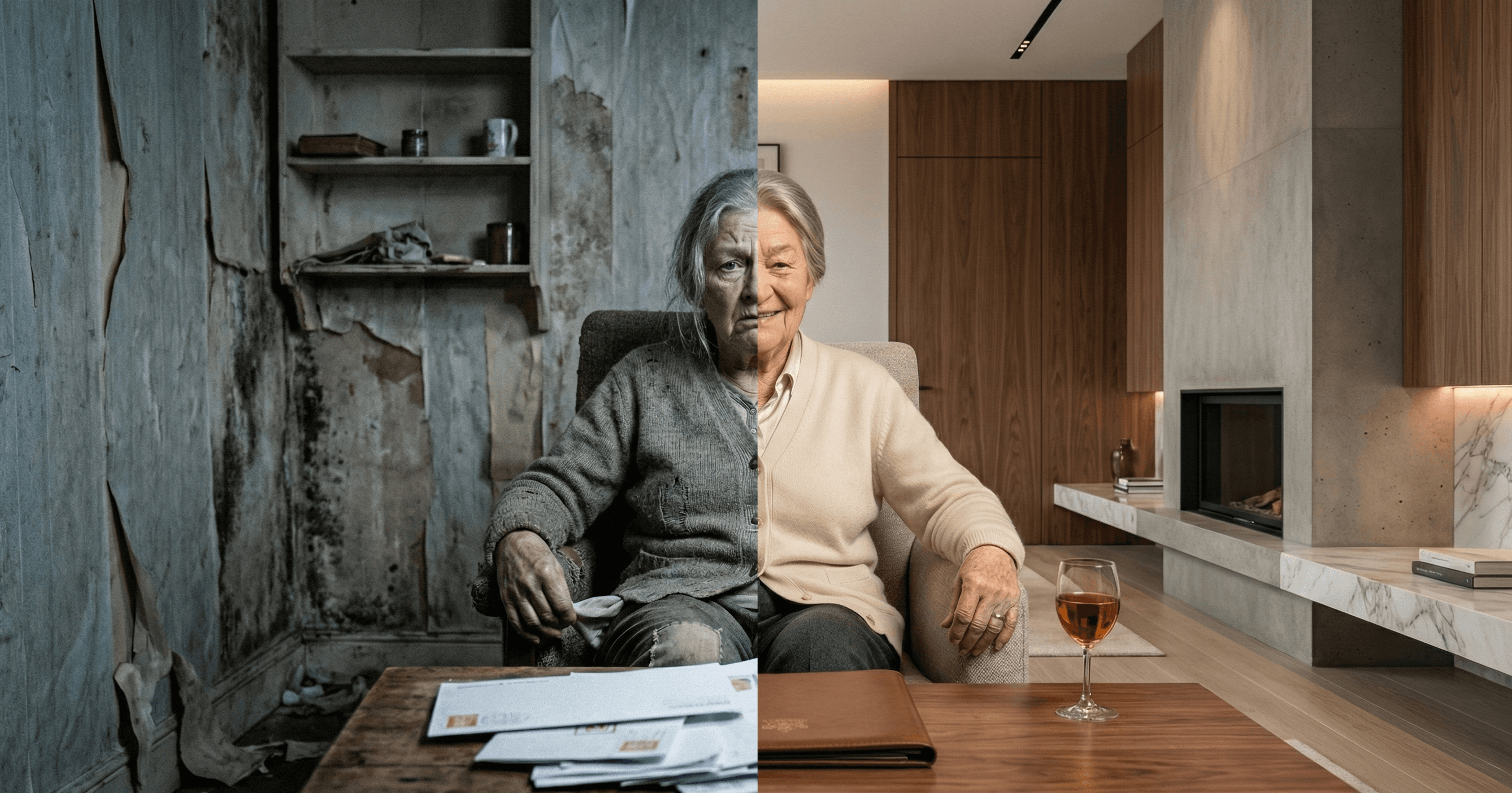 Bild von einer Oma in zwei verschiedenen Lebensweisen. Links in einer alten, kaputten Wohnung, welche Unsicherheit und finanzielle Sorgen widerspiegeln soll. Rechts in einer sauberen, luxuriösen Wohnung, welche finanzielle Freiheit und Sicherheit darstellen soll. 