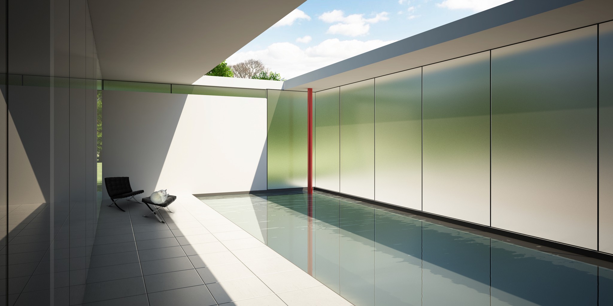 Lake House by IMaestri Group: View across the reflecting pool of the pristine white and glass structure set in a lush, green landscape.
