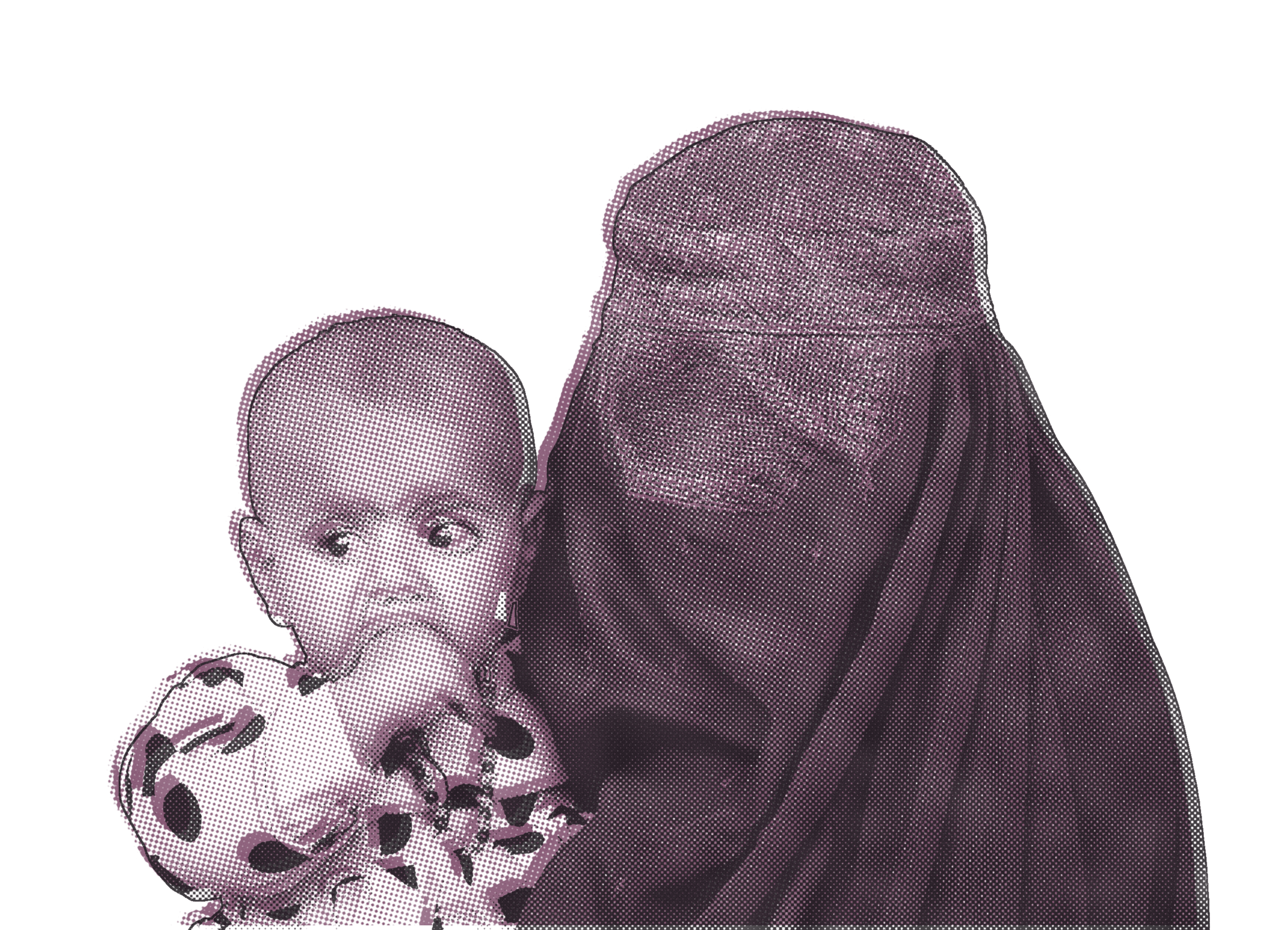 Riso illustration of a woman in a burqa holding a baby