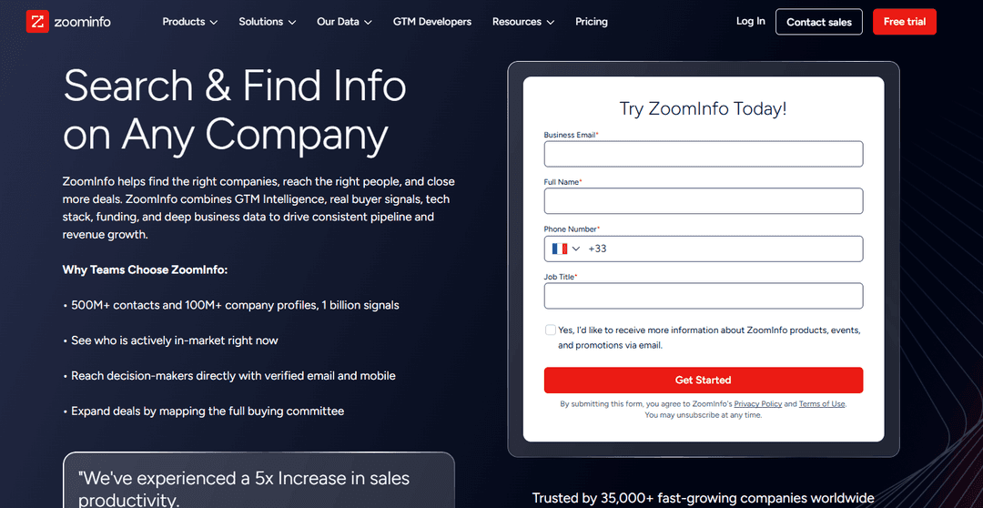 ZoomInfo entry page for its go-to-market data and intent platform