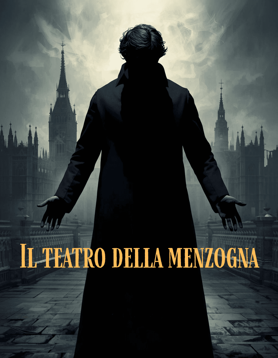 Uomo con le braccia aperte e il capo chino davanti a un’architettura gotica, atmosfera drammatica