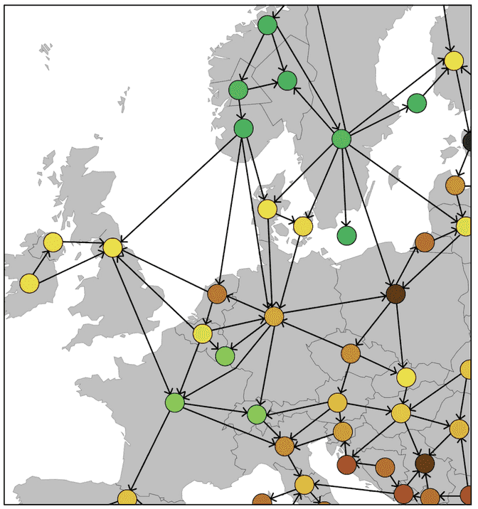 Grid state of October 26. 2021 at 5:15 PM. The color of the nodes represents the carbon intensity of the electricity generated in each area using the color scale used on app.electricitymaps.com. The arrows show the imports/exports between each area.