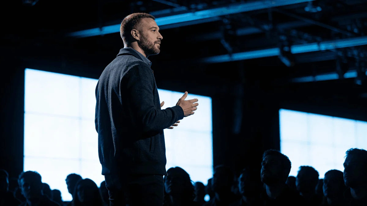 A speaker presenting at an AI conference in front of an audience, discussing real-world approaches to building AI products.