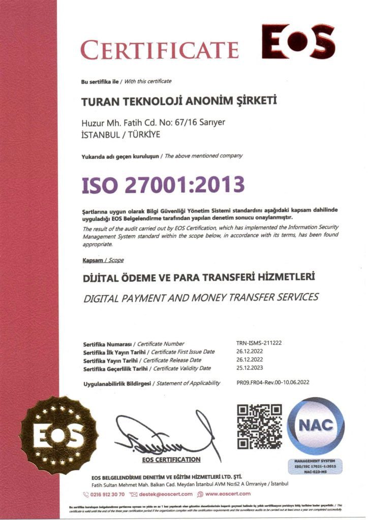Turan APP ISO 27001:2013 Sertifikası