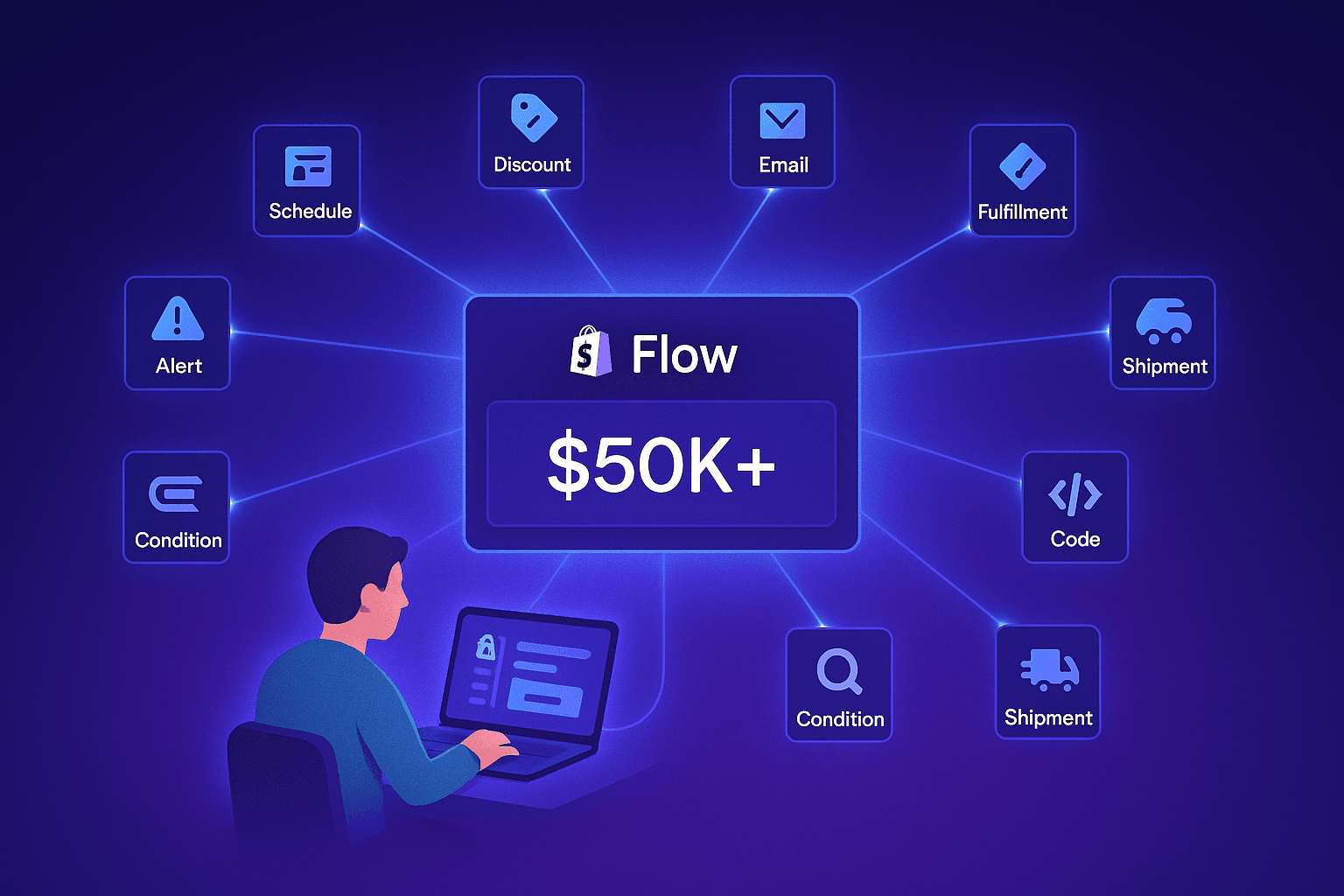 Wide hero illustration showing Shopify Flow dashboard at center with $50K+ revenue metric, surrounded by ten connected workflow cards radiating outward like a constellation in deep purple and electric blue gradients.