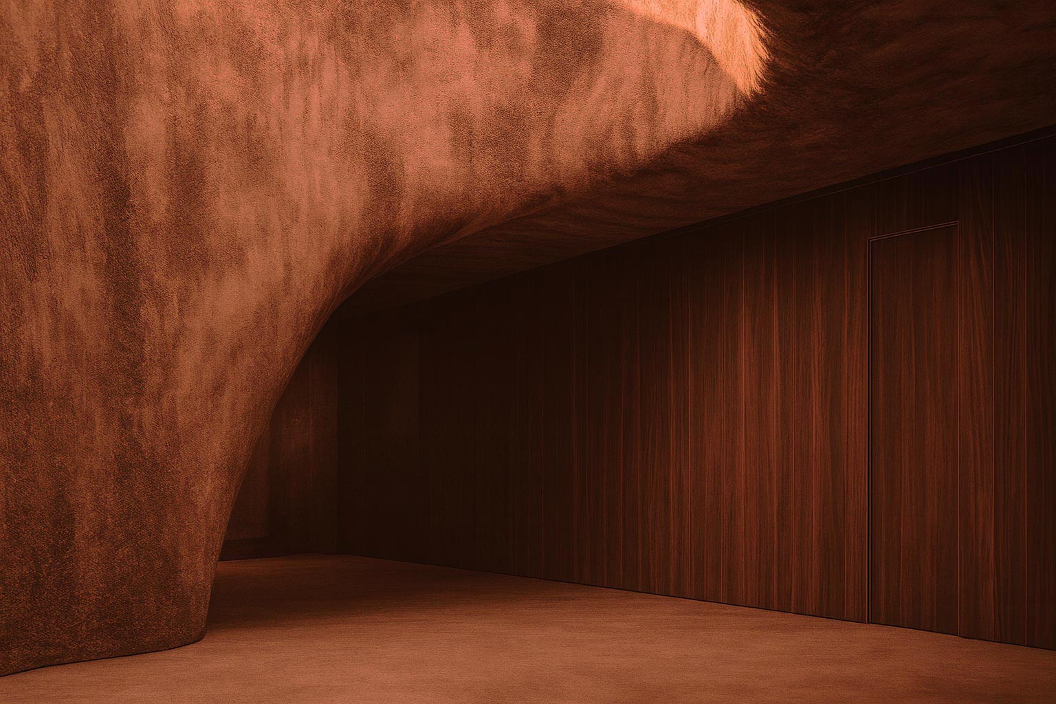 Sculptural interior with curved textured walls, smooth wooden panels, and warm ambient lighting.