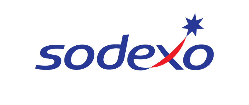Logo of Sodexo, featuring stylized text in blue with a red accent.