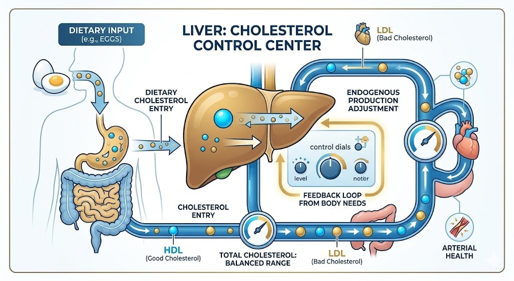 An educational medical infographic illustrating the liver as a cholesterol control center, showing how it balances dietary cholesterol input from foods like eggs with its own internal cholesterol production and regulation.