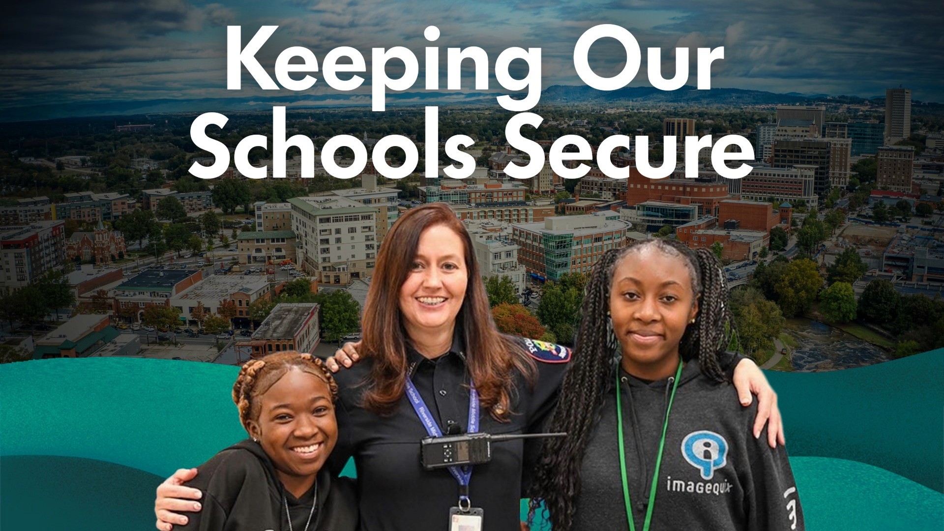 Image of a school resource officer with two students. Above them are the words "Keeping Our Schools Secure"