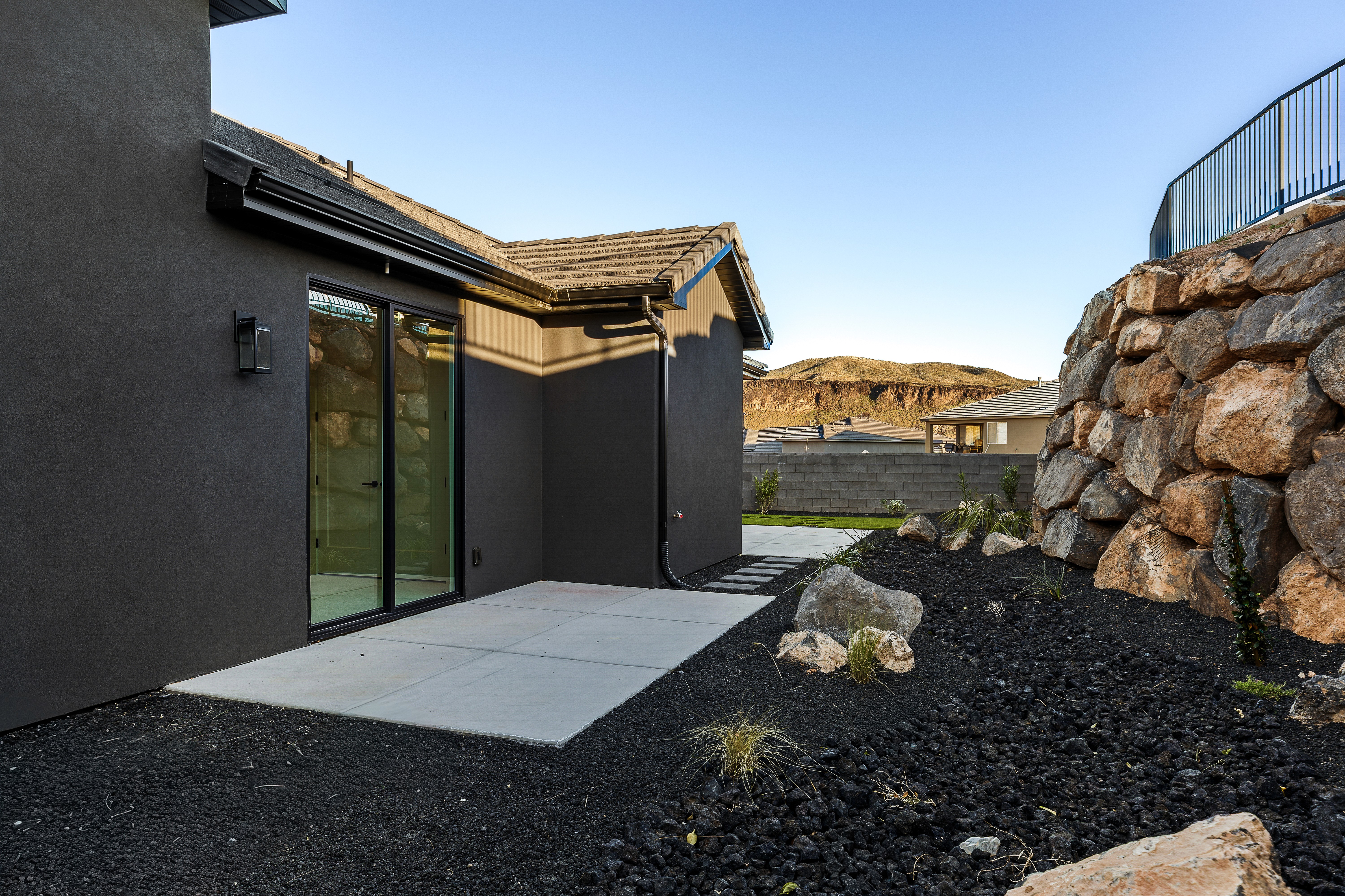 Outdoor living area of a Southern Utah home with valley and mountain views