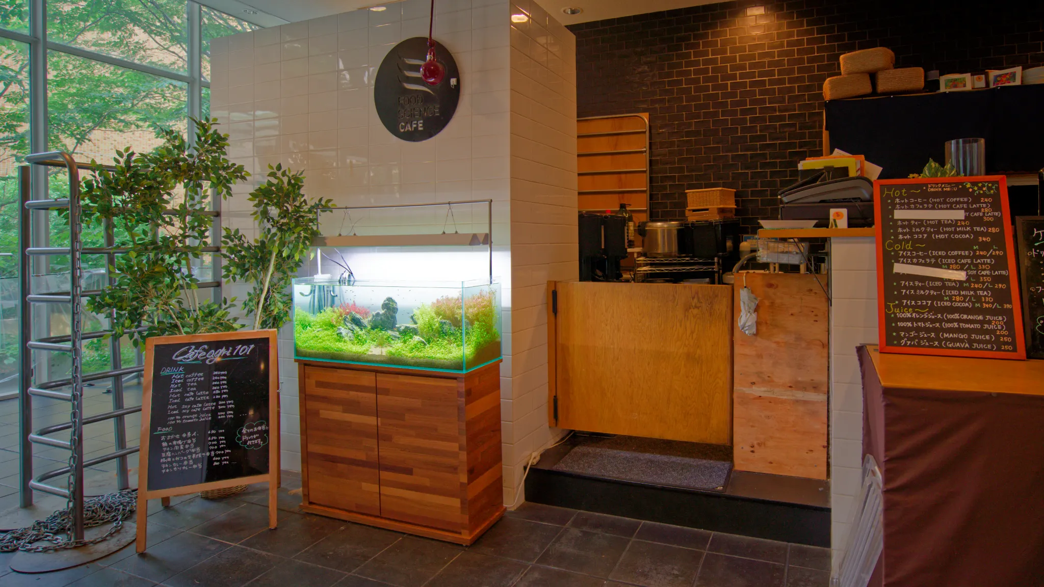カフェの店内に設置された木製キャビネット一体型の淡水水槽