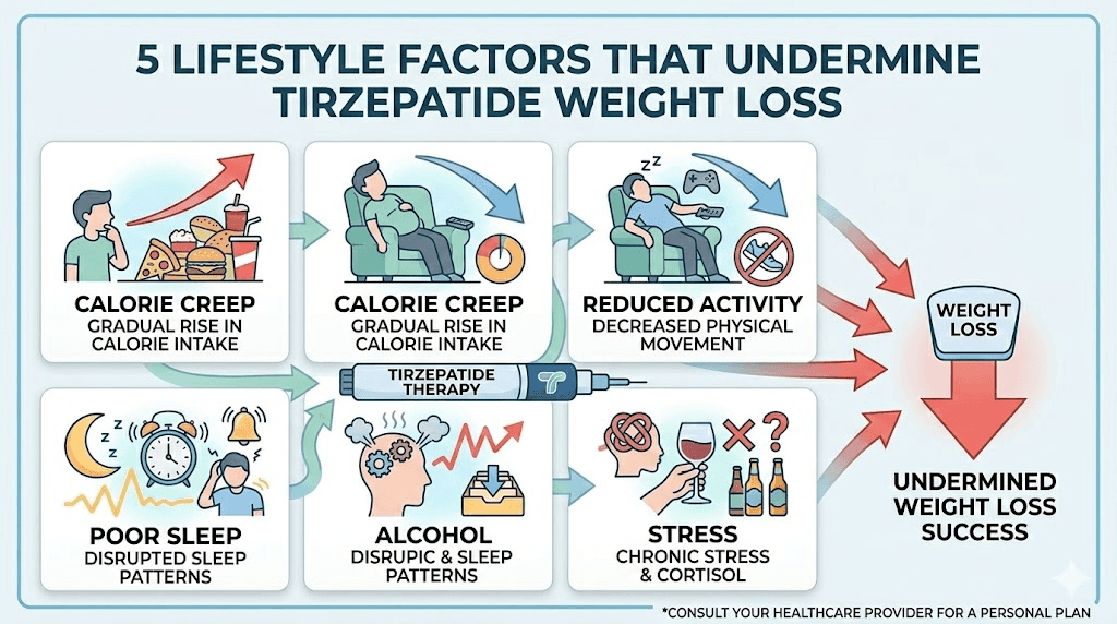 Lifestyle factors causing weight gain on tirzepatide infographic
