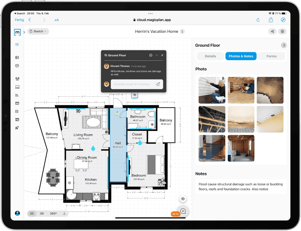magic plan floor plan with linked photos and notes documenting water damage conditions