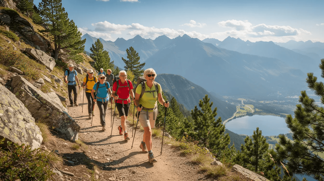 A group of active older adults is hiking along a mountain trail, surrounded by scenic views of lush greenery and distant peaks, embodying a healthy retirement lifestyle. Their engagement in outdoor activities highlights the importance of maintaining physical fitness as part of a comprehensive retirement income strategy.