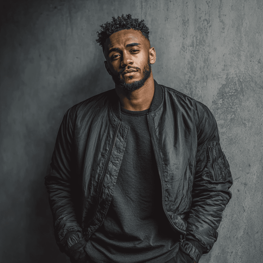 Smiling young man in a black t-shirt against a gray background, radiating warmth and friendliness.