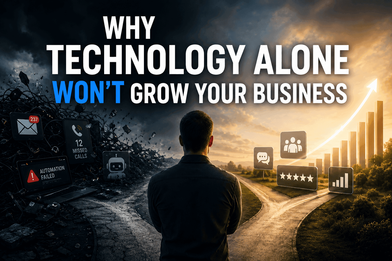 Business owner standing between technology chaos and business growth illustrating why technology alone will not grow a business