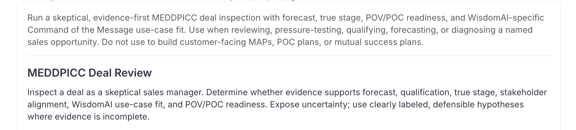 Meddpicc deal review - agentic skill example in WisdomAI