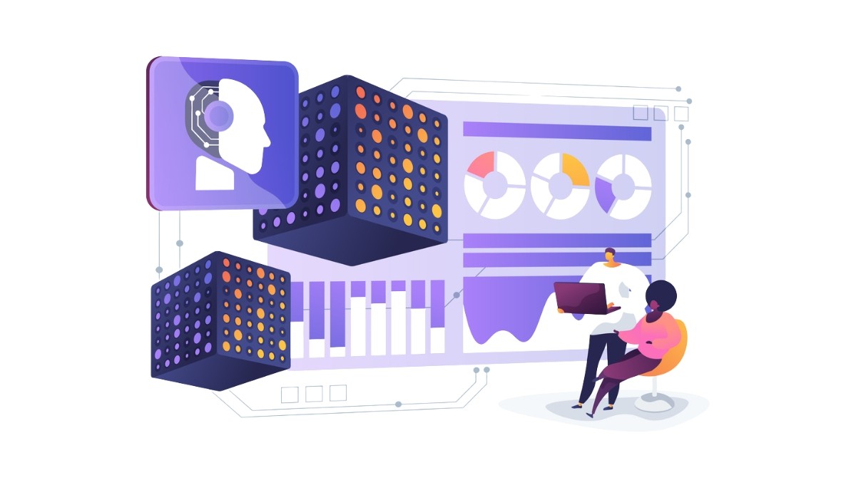 Illustration of two people adjusting interlocking gears within a circular arrow loop, surrounded by charts and checklists.