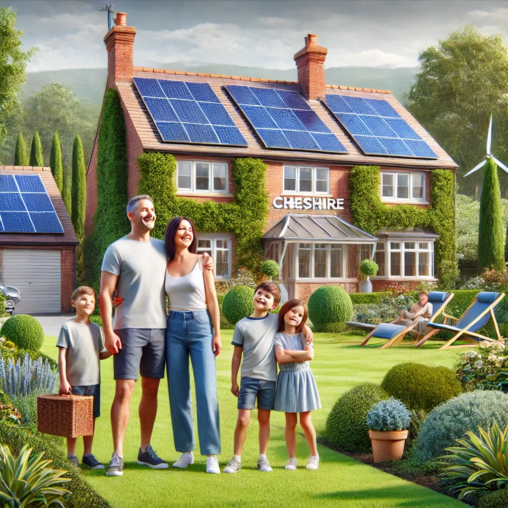 Happy family standing outside a home with solar panels