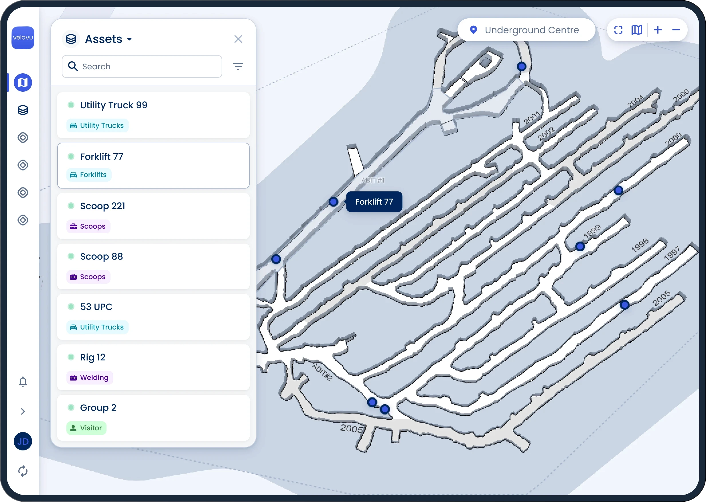 User interface showing asset location in an underground mine