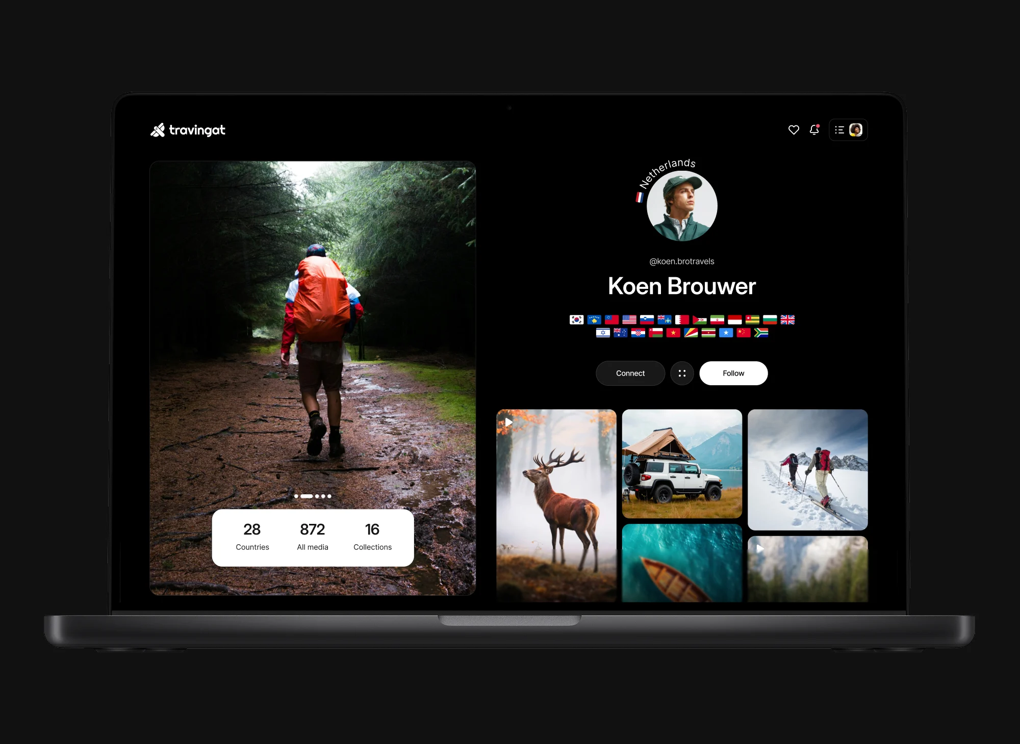 Premium travel profile template on laptop with immersive photo gallery and traveler profile.