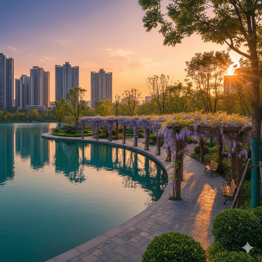 Manesar residential lake promenade at sunset