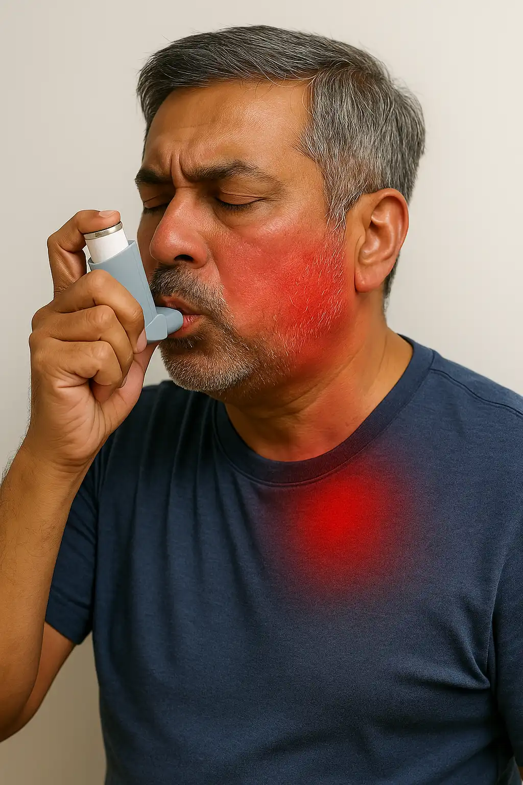 Middle-aged man using an asthma inhaler with visible chest discomfort, illustrating COPD symptoms and the need for respiratory physiotherapy.